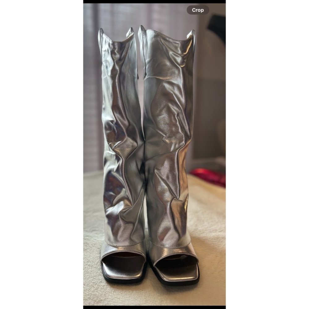 Women's Fashion Metallic Open Toe Wedge Heel Fold Over Sandal Boots Slouch Shoes